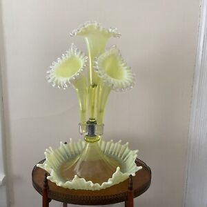 Antique 4 horn opalescent vaseline Epergne Lilly vase L.G. Wright Victorian