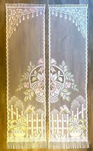 Vtg C1970s Timeless Garden Motif, Fringed Door Panel Curtain, White & Pastel