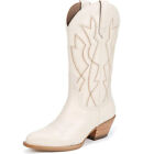 Sam Edelman Fuller Ivory Stacked Heel Pointed Toe Pull On Leather Western Boots