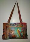 Anuschka Hand Painted Leather Handbag Tote Butterfly Peacock Dbl. Handle