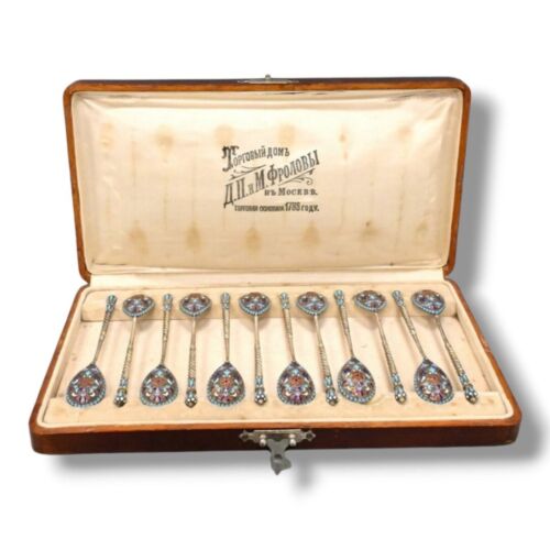 New ListingSet of 12 Antique Imperial Russian Enamel Silver Spoons Circa 1890