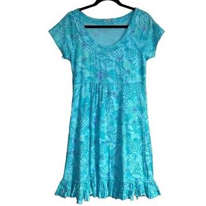 Fresh Produce Bright Blue Sea Shells Short Sleeve Dress 100% Cotton Made In USA