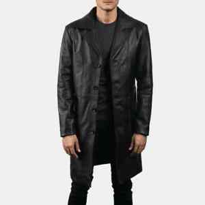 Men trench coat genuine lambskin leather long winter knee length jacket coat