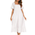 Women's Cotton Victorian Nightgown Short Sleeve Square Neck Pajama Sleep Dress