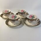 Set Of 4 Taylor Smith Taylor Green Gold Border Pink Rose Center Saucers and Cups