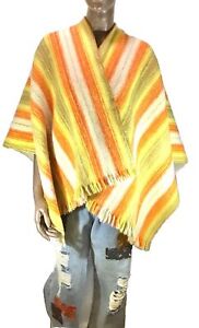 organic llama wool poncho colombia striped yellow orange vintage ethnic boho
