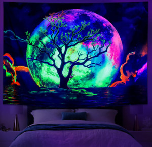 Blacklight Moon Tapestry Trippy Galaxy Clouds Tree Tapestry Wall Hanging Poster