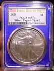 2021 $1 AMERICAN SILVER EAGLE PCGS MS70 TYPE 1 FLAG FIRST DAY OF ISSUE BLUE CORE