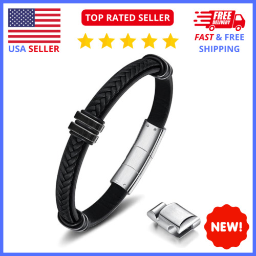 Leather Bracelet for Men with Adjustable Stainless Steel Magnetic Clasp (BLACK)