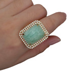 Natural Amazonite Rectangle Cz Pave Ring Gold Plated Adjustable Ring