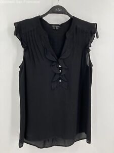 Theory Womens Black Silk Sleeveless V-Neck Ruffle Casual Blouse Top Size Small