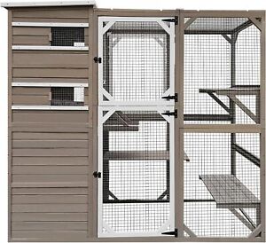 Petscosset Large Catio Enclosure Outdoor Wooden Cat House with Multi Platforms