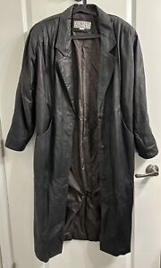 Vintage Avanti Womens Black Long Leather Trench Coat Small Shoulder Pads