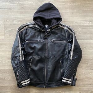 Affliction Leather Jacket Full Zip Skull Hooded Black Moto Metal Size XL