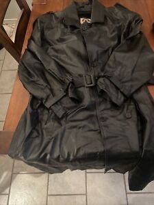 Phase 2  Men's Vintage Trench Coat Black Leather Button with Belt Jacket 3XL