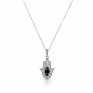 925 Sterling Silver White Blue CZ Hamsa Good Luck Pendant Necklace