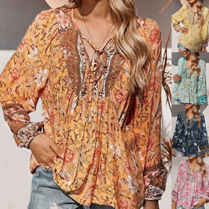 Womens Floral Boho Tunic Tops Shirt Long Sleeve Casual Loose Blouse Plus Size US