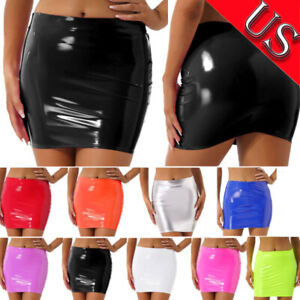 US Womens High Waist Latex Bodycon Pencil Skirts Glossy Tight Skirt Clubwear