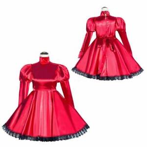 Girl Maid Sissy Red Satin Lockable long sleeve Dress cosplay Costumes Tailored