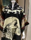 Alpaca Wool Poncho, Unisex, Native Wolf, Cape, Hooded With Wooden Buttons