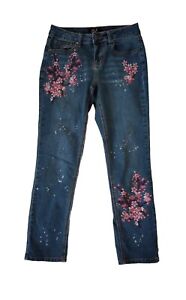 Earl Embroidered Women's Sz 6 Blue Boyfriend Mid-rise Cropped Floral Jeans