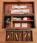 15 LOT ANTIQUE TACKLE BOX  WITH  LURES 1900s FERNWOOD REEL FREE US SHIPPING