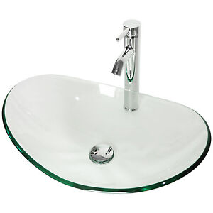 Natural Clear Oval Tempered Glass Vessel Sink w/ Faucet & Drain for Bathroom