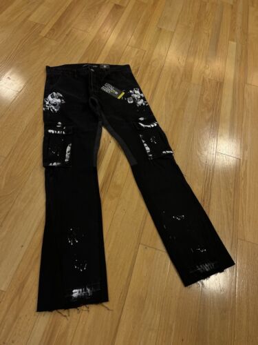Stacked Cargo Jeans Men High Quality, Black flared jeans painted