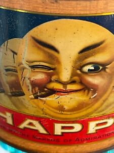 Antique advertising Happy Cigar tin moon face / empty