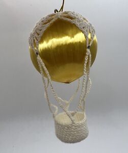 Vtg Gold Satin Ball Crochet Hot Air Balloon Christmas Ornament