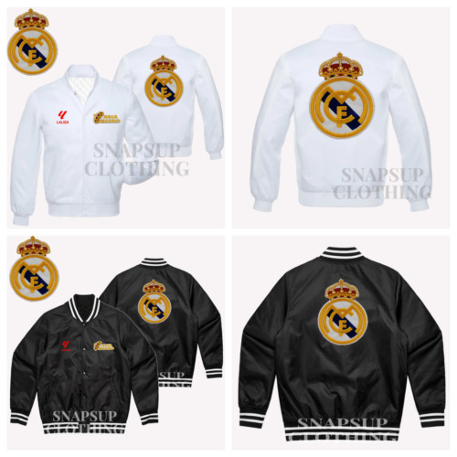 Real Madrid CF White Black Satin Bomber Varsity Jacket Champions League LaLiga24