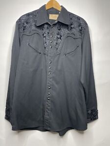 Scully Western Shirt Large Black Embroidered Cowboy Pearl Snap