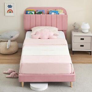 Twin Wooden Bed frame with Upholstered Platform Velvet Headboard Bed Mattress