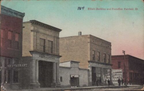 1914 FAIRFIELD IL Elliot Bldg & Post Office STREET SCENE color tinted  postcard