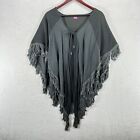 Seahorse Poncho Womens OS Gray Black Woven Cape Tie Fringe Made In Mexico Beach