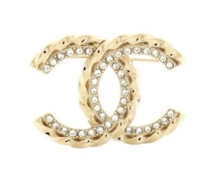 Chanel Gold Twisted Brooch Pin Clip Crystals Rhinestones 23 CC Metal