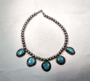 Vintage Sterling Silver Old Pawn Navajo Turquoise Choker BenchBead Necklace K214