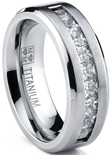 Titanium Men's Wedding Band Engagement Ring with 9 large Princess Cut CZ