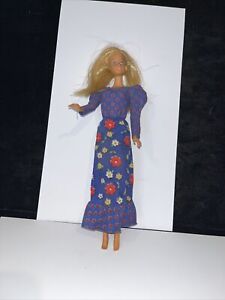 1973 Vintage Barbie Doll Blue Print Peasant Midi Dress #3343