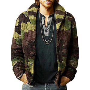 Men Winter Warm Camouflage Cardigan Sweater Long Sleeve Lapel Sweatshirt Jacket