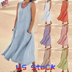 Womens Cotton Linen Sleeveless Maxi Shirt Dress Kaftan Summer Casual Tank Tops
