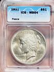 1921 U.S. Silver Peace Dollar $1  MS64 90% Silver ICG graded (802)
