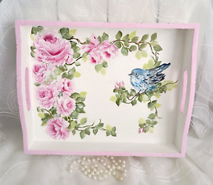 CHARMING ROSES W/BIRD DECORATIVE /FUNCTIONAL TRAY hp chic cottage hand painted