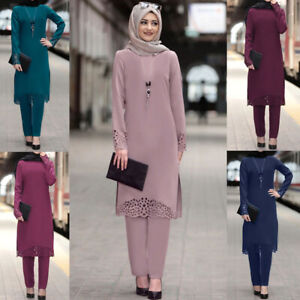 Islamic Abaya Women Muslim Long Tops Blouse Pant Set Dubai Dress Dress Casual