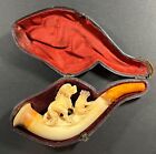 Vintage Meerschaum & Amber Carved Pipe with St. Bernard & Bull Dog, With Case