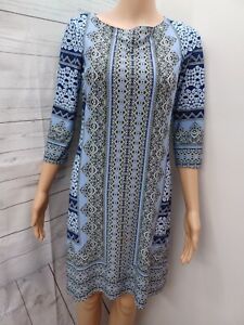 London Style Collection Blue White 3/4 Sleeve Knee Length Dress Petite 2P