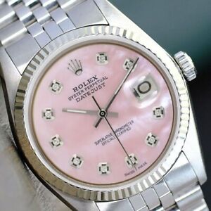 ROLEX DATEJUST 18KW GOLD STAINLESS STEEL PINK MOP DIAMOND DIAL 36MM WATCH 16014