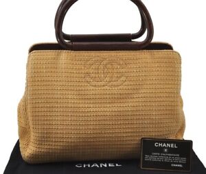 Authentic CHANEL Wood Hand Bag Purse Straw Leather CC Logo Beige Junk 2090J