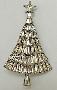 Crystal Clear Glass Rhinestone Brooch Pin Christmas Tree Star Vintage Holiday US