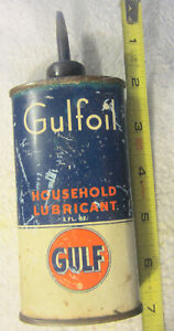 1  Gulf Motor Oil tin can - 4 Oz.  household lubricant gas ad VTG,Gulfoil oiler